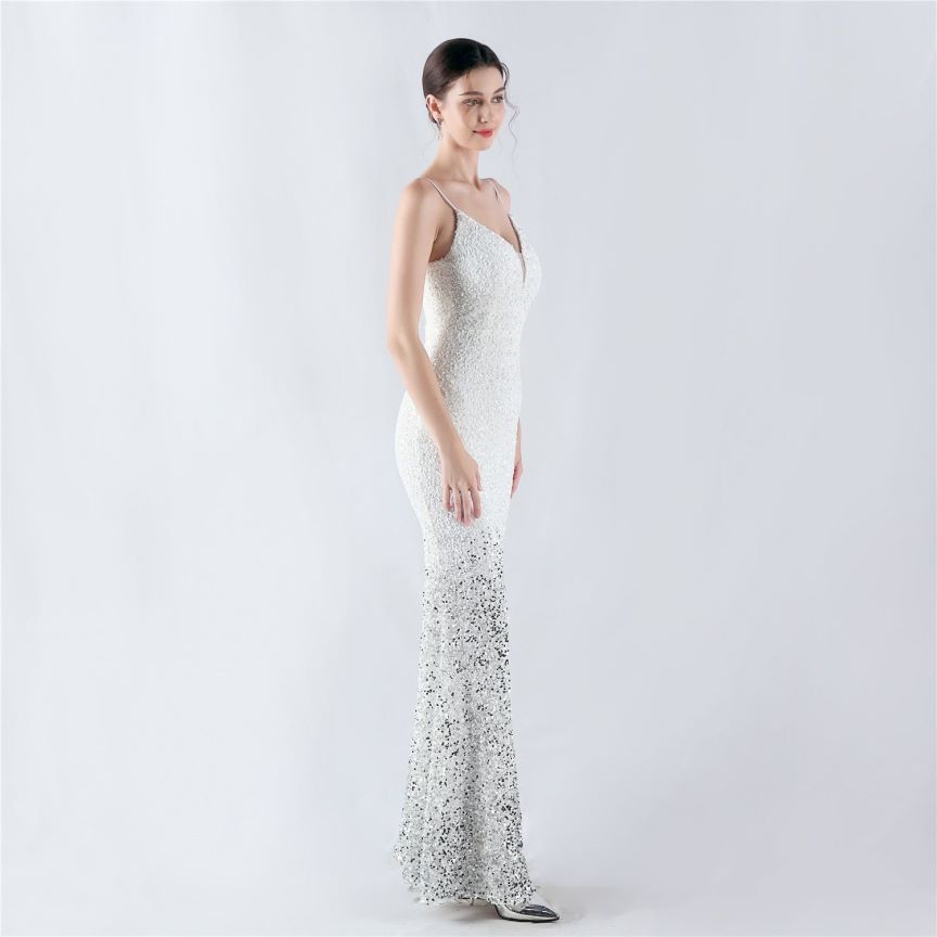 Spaghetti Two Tone Sequins Mermaid Evening Gown (White) (Made To Order)