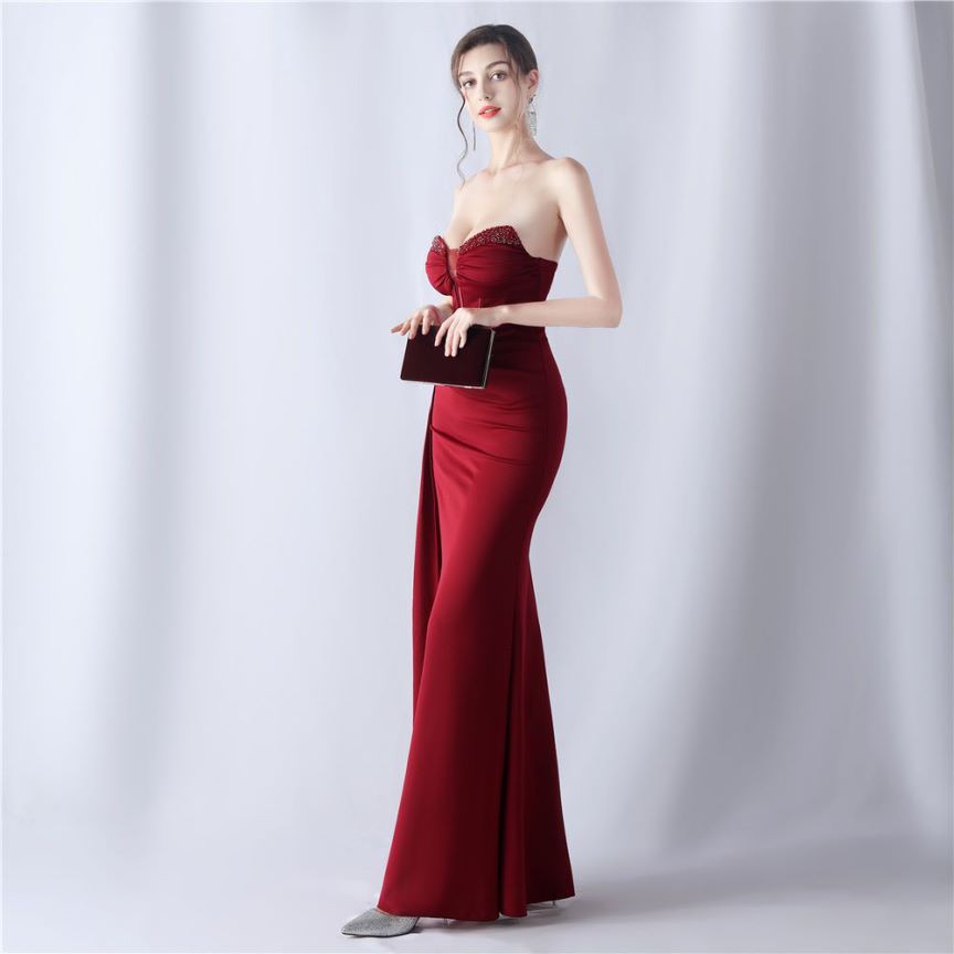 Strapless Sexy Corset With Side Split Evening Gown (Maroon) (Made To Order)
