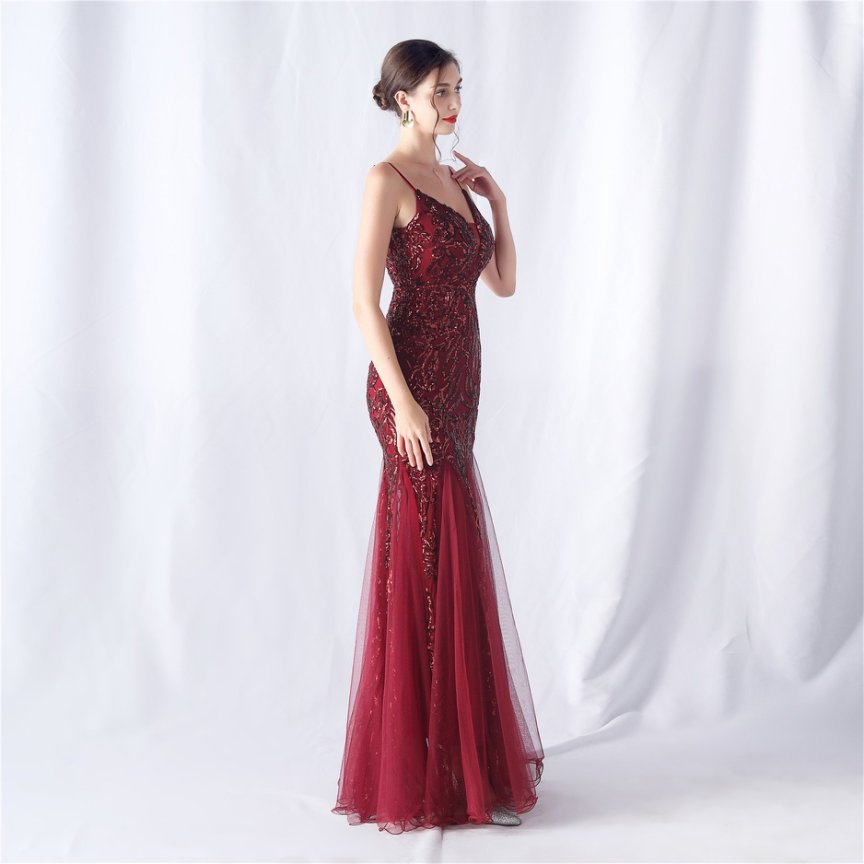 Spaghetti Sequins White Gown with Tulle Skirt Evening Gown (Maroon) (Made To Order)
