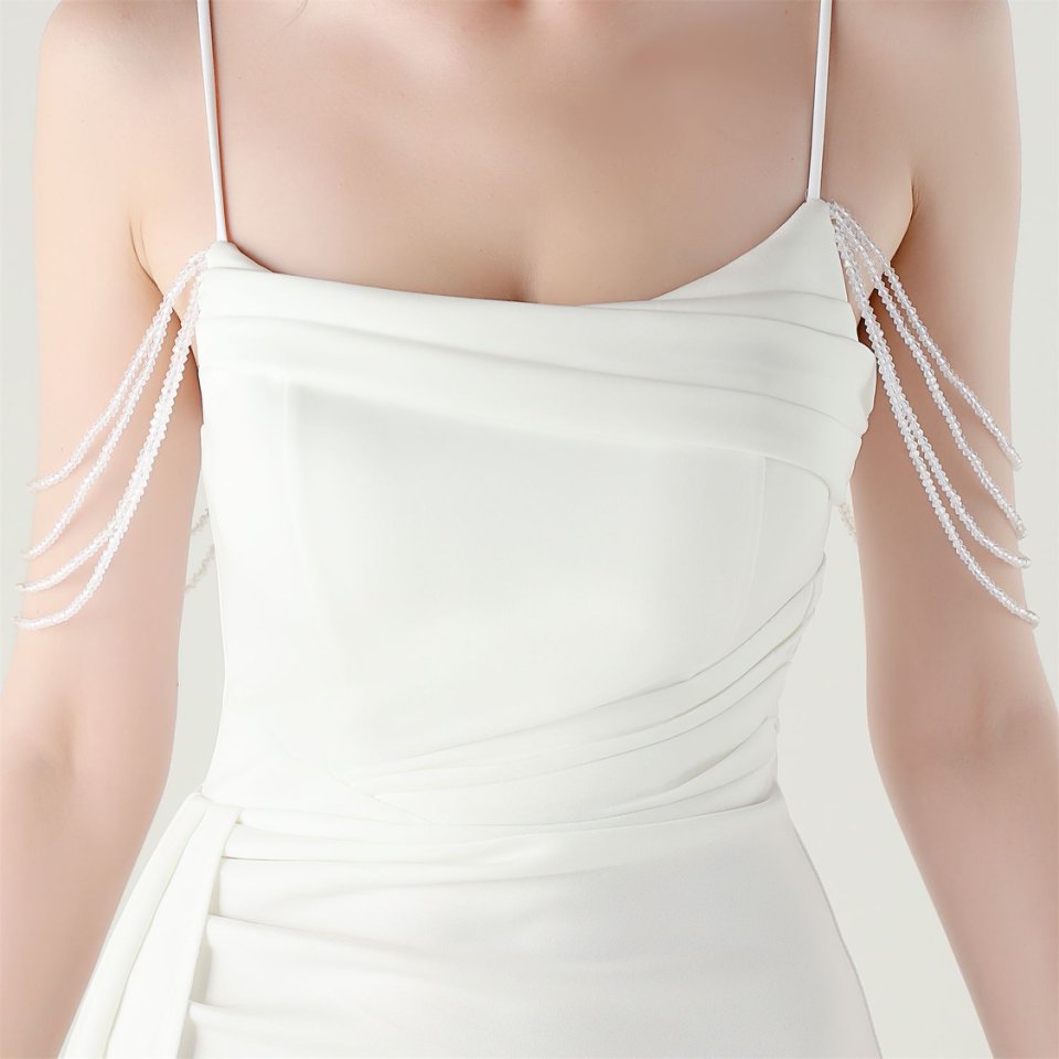 Crystal Beads Spaghetti Pleated Waist Evening Gown (White) (Make To Order)