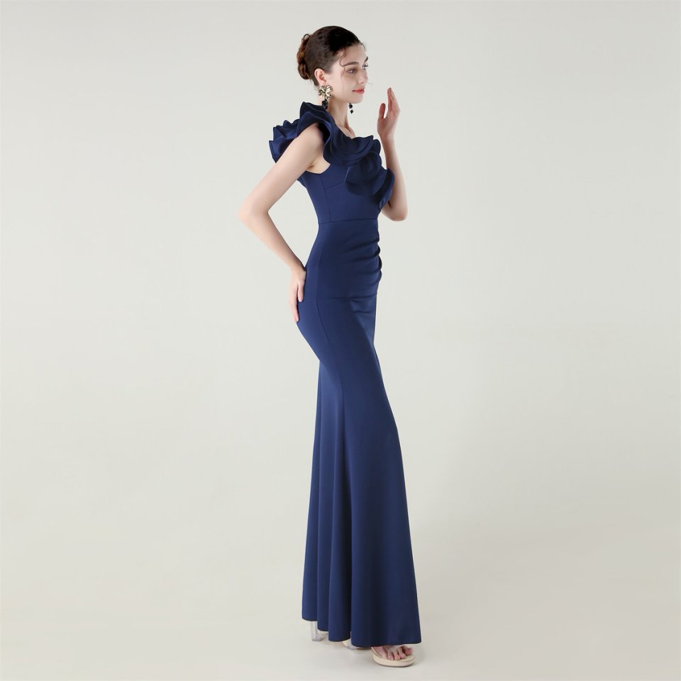 Gorgeous One Side Shoulder Fitting Evening Gown (Navy Blue) (Made To Order)