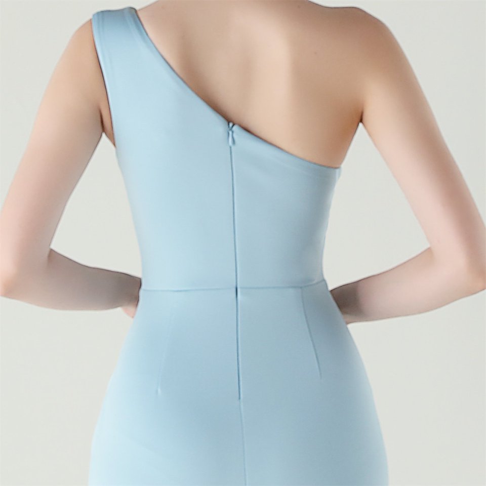 One Side Shoulder Pleated Evening Gown (Light Blue) (Made To Order)