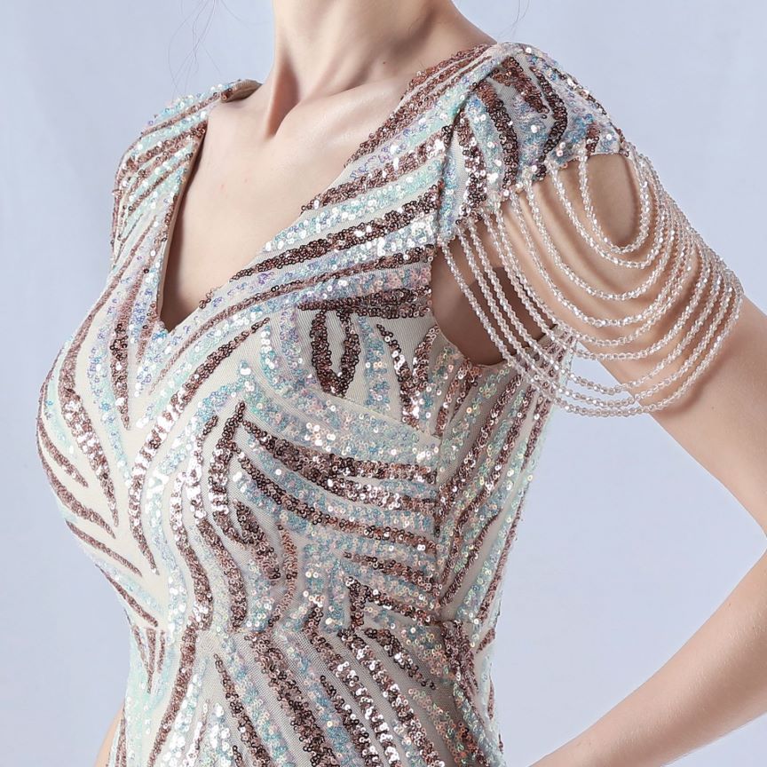 Sleeve Beads Sequins with A Line Evening Gown (Gold) (Made To Order)