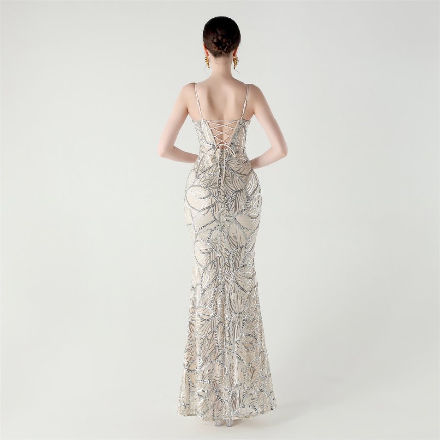 Elegant Sequin Pattern Mermaid Evening Gown (Silver) (Made To Order)
