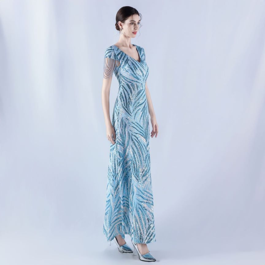 Sleeve Beads Sequins with A Line Evening Gown (Light Blue) (Made To Order)