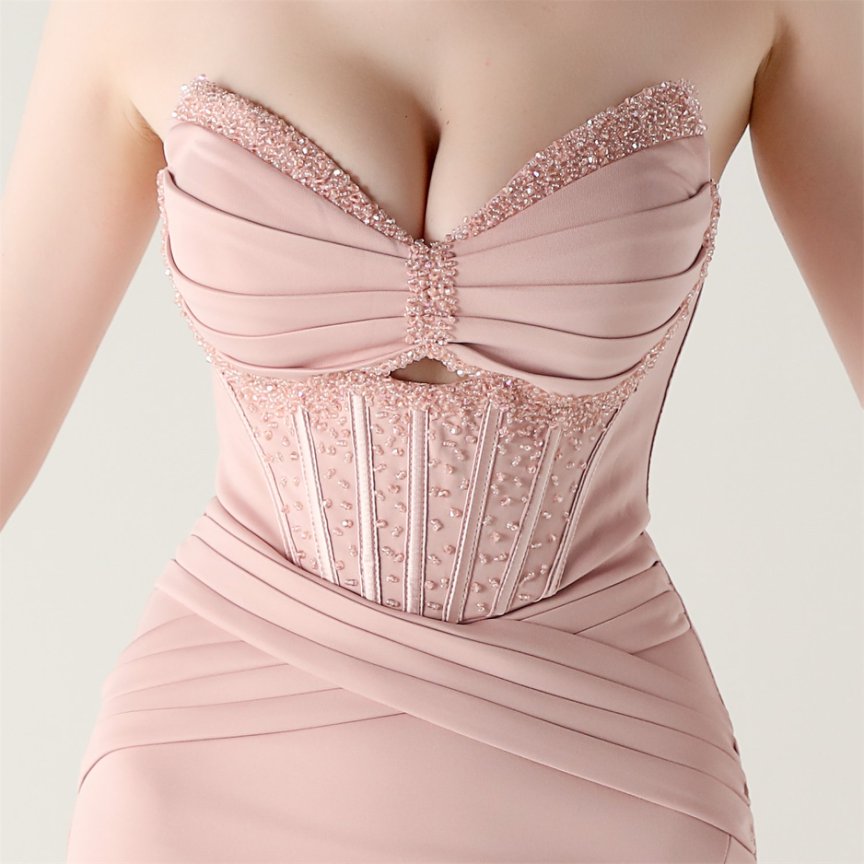 Strapless Rhine Stones Pleated Corset Evening Gown (Pink) (Made To Order)