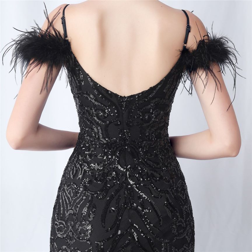 Cold Shoulder Feather Sequins Evening Gown (Black) (Made To Order)