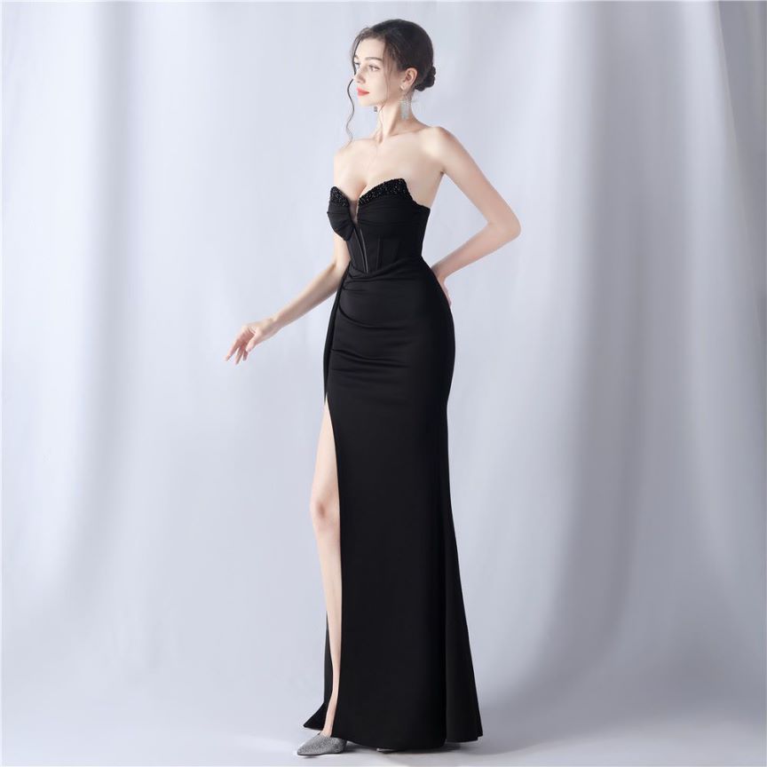 Strapless Sexy Corset With Side Split Evening Gown (Black) (Made To Order)
