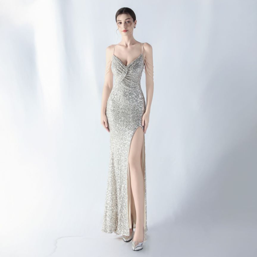 Spaghetti Padded Sequins Slit Gown (Silver) (Made To Order)