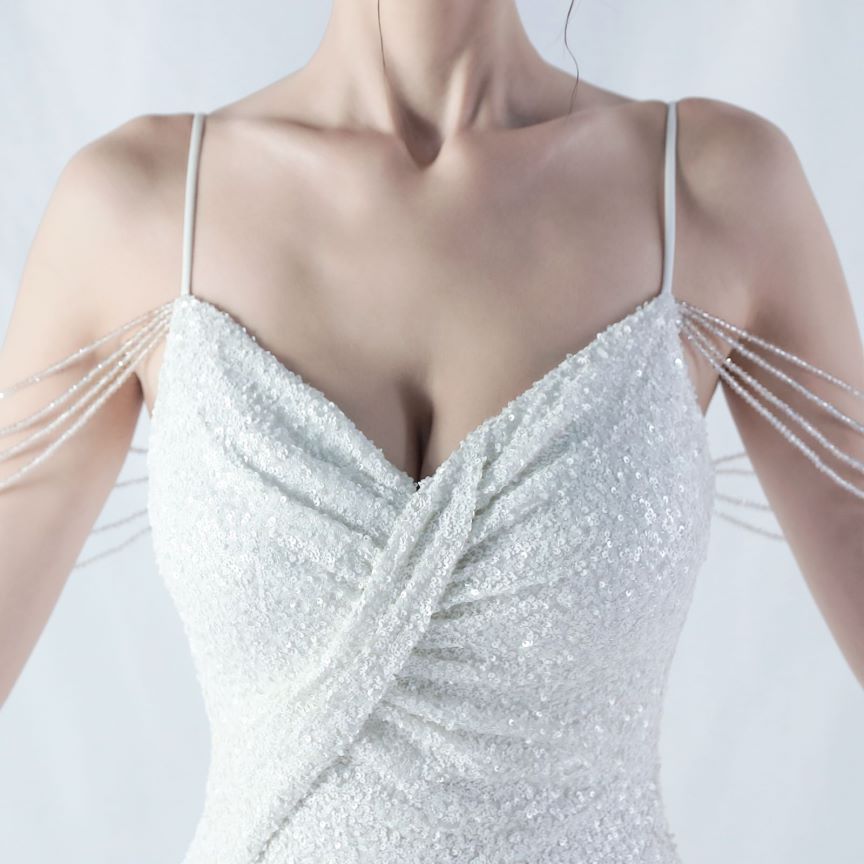 Spaghetti Padded Sequins Slit Gown (White) (Made To Order)