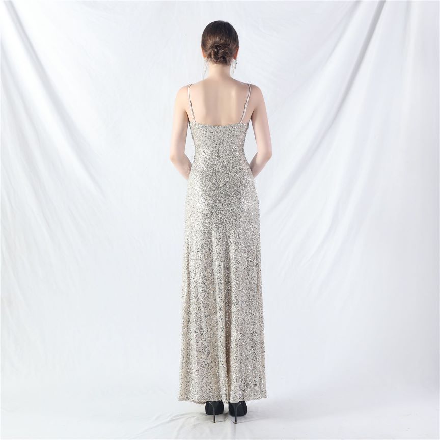 Elegant Stretch Spaghetti Sequins A-Line Evening Gown (Silver) (Made To Order)