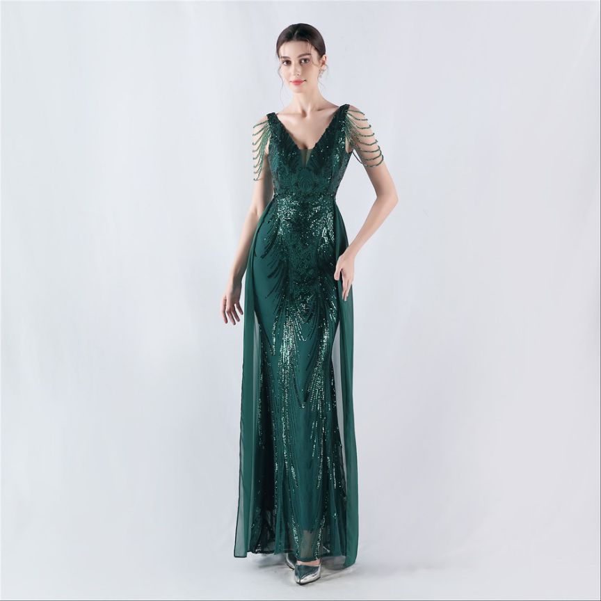 Elegant Crystal Beads Sequins Mermaid Cape Skirt Gown (Green) (Made To Order)