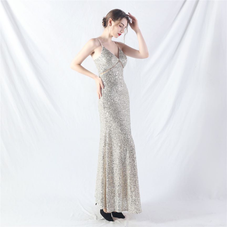 Elegant Stretch Spaghetti Sequins A-Line Evening Gown (Silver) (Made To Order)