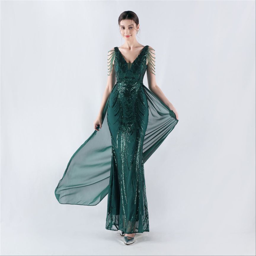 Elegant Crystal Beads Sequins Mermaid Cape Skirt Gown (Green) (Made To Order)