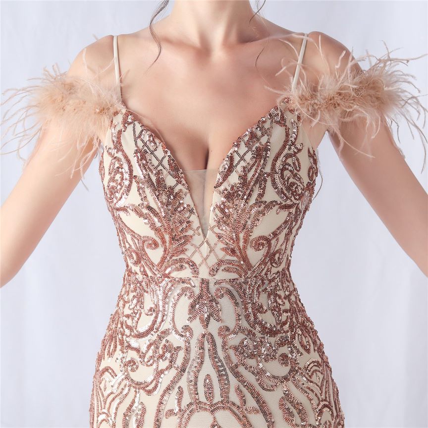 Cold Shoulder Feather Sequins Evening Gown (Rose Gold) (Made To Order)
