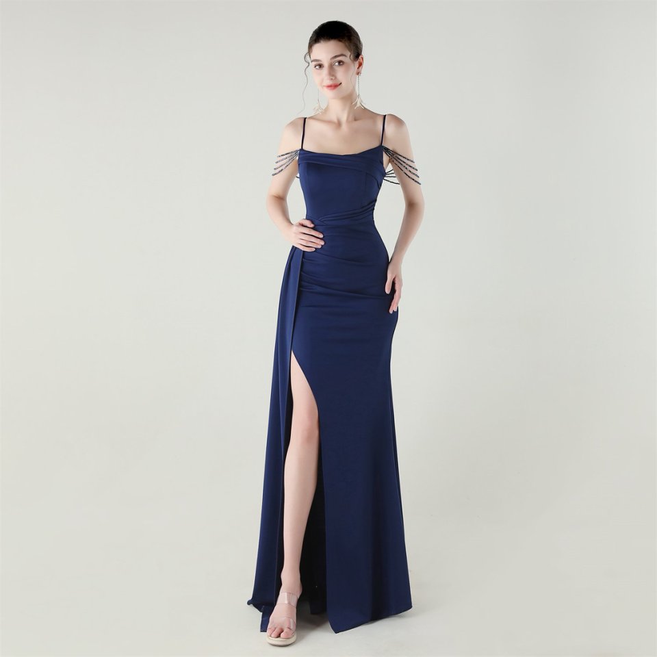 Crystal Beads Spaghetti Pleated Waist Evening Gown (Navy Blue) (Made To Order)
