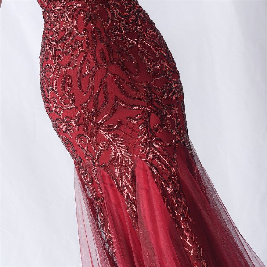 Spaghetti Sequins White Gown with Tulle Skirt Evening Gown (Maroon) (Made To Order)