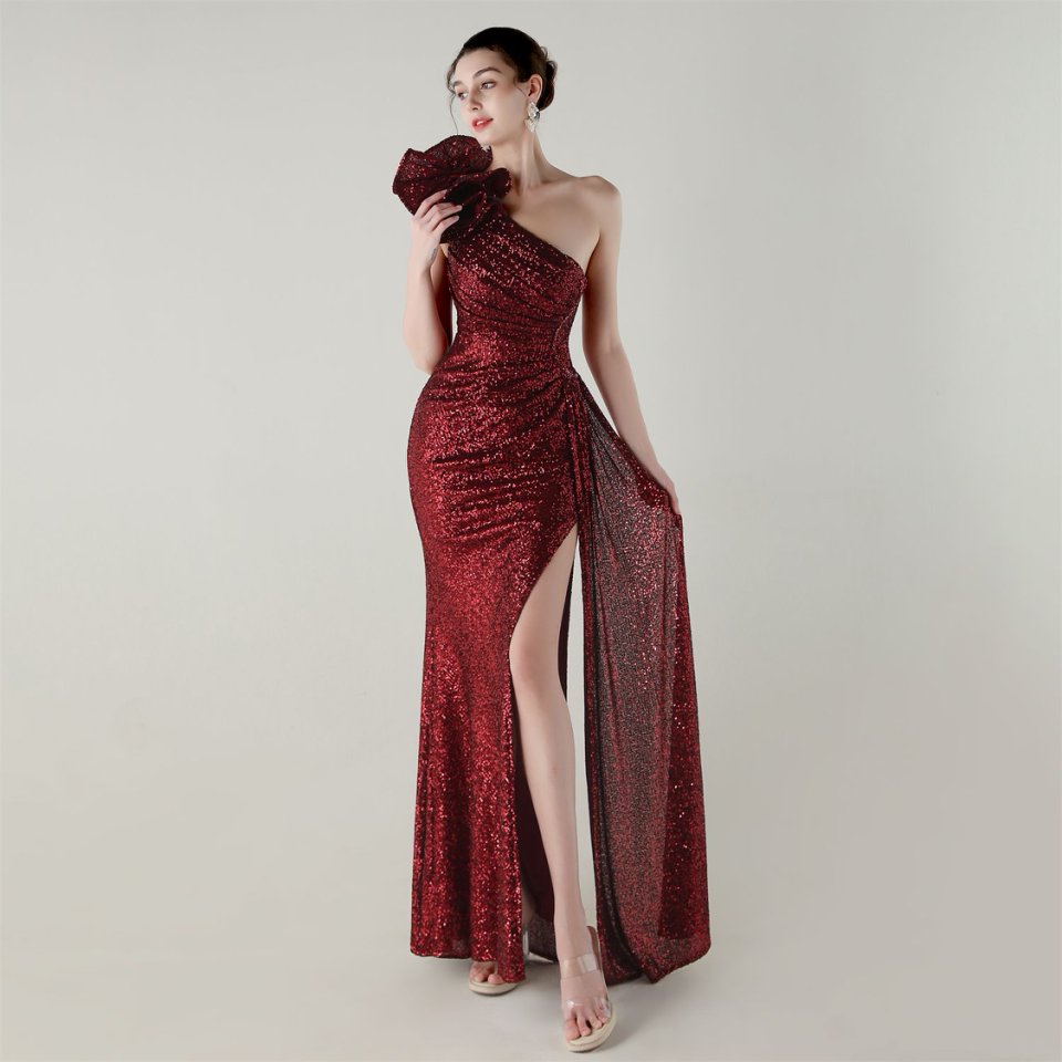 Gorgeous One Side Shoulder Pleated Sequins Evening Gown (Red) (Made To Order)