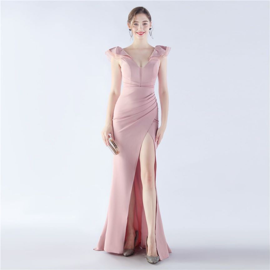 Ruffles Shoulder With Low Back Fitted Evening Gown (Dusty Pink) (Retail)