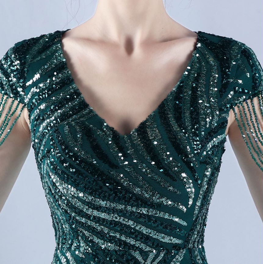 Sleeve Beads Sequins with A Line Evening Gown (Green) (Made To Order)