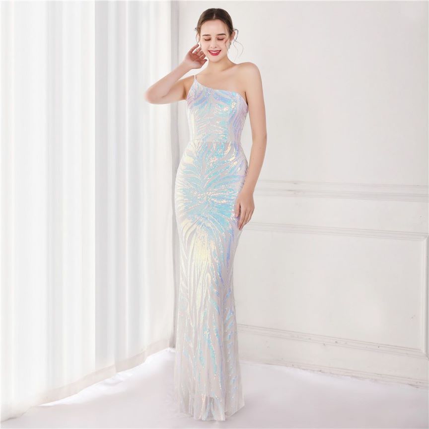 One Side Sling Shoulder Sequins Mermaid Gown (White) (Made To Order)