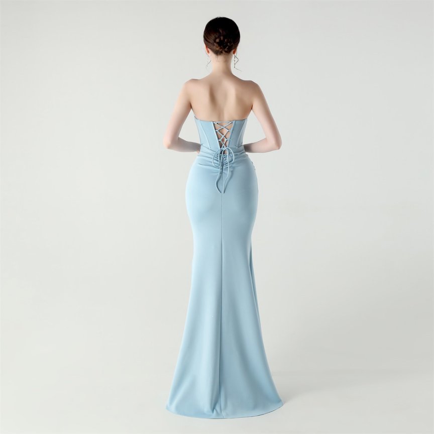 Strapless Rhine Stones Pleated Corset Evening Gown (Baby Blue) (Made To Order)