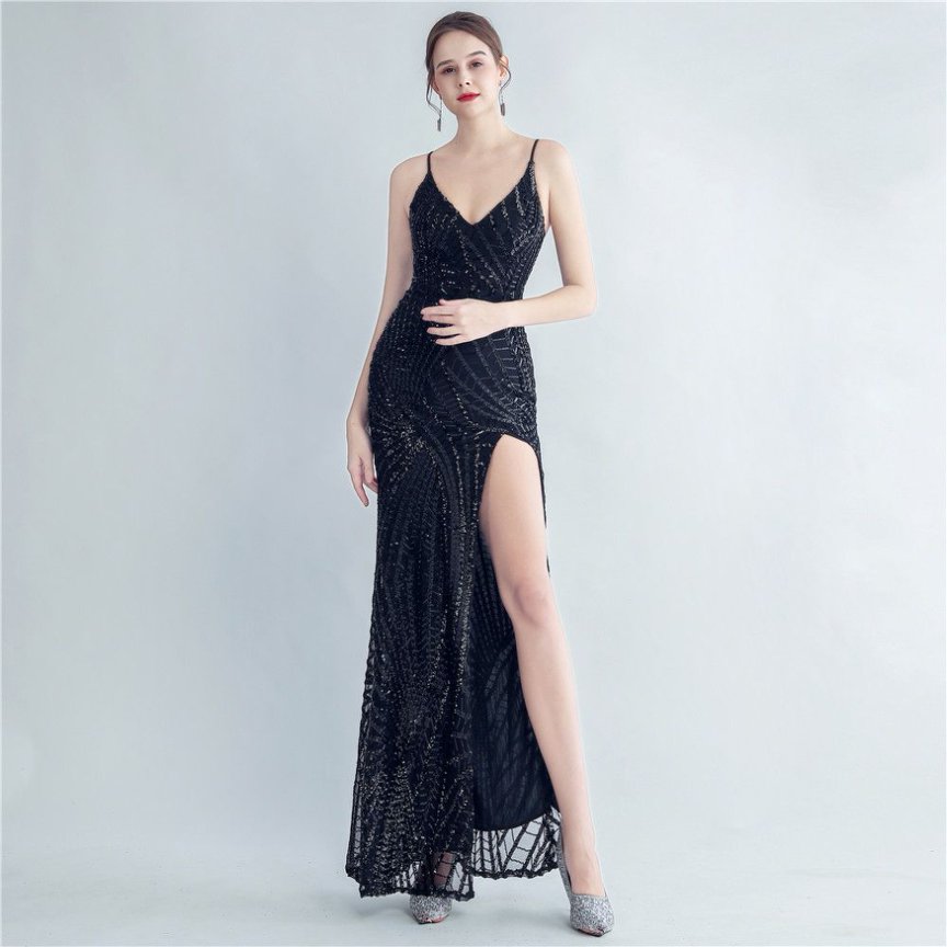 Spaghetti Back Tie Sequins Long Evening Gown (Black) (Made To Order)