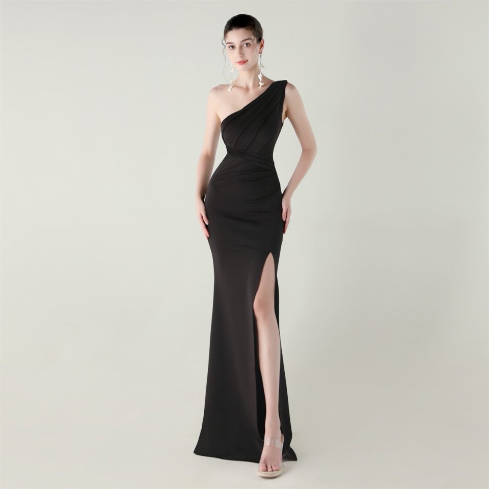One Side Shoulder Pleated Evening Gown (Black) (Made To Order)