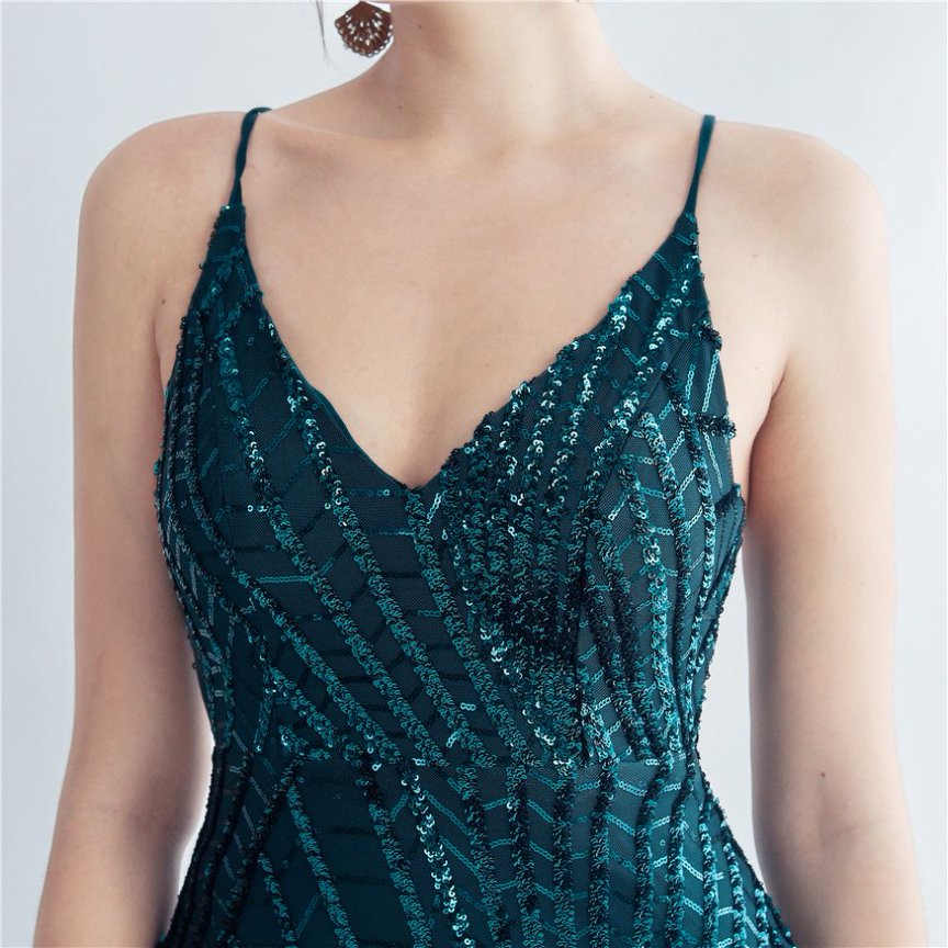 Spaghetti Back Tie Sequins Long Evening Gown (Green) (Made To Order)