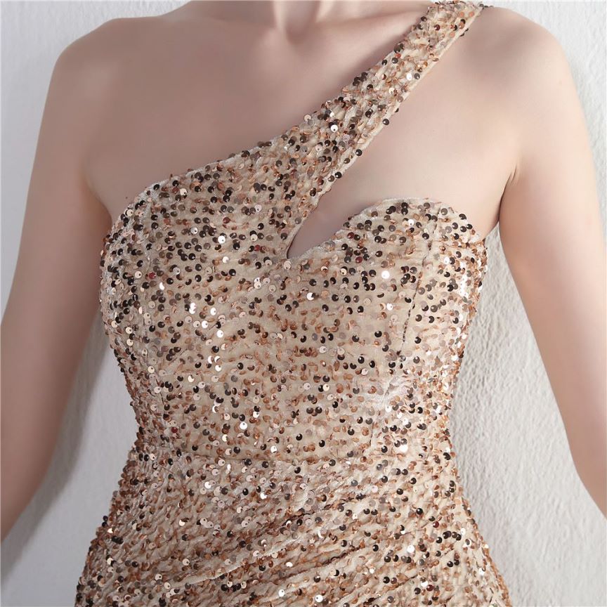 One Side Shoulder Sequins with Overlap Slit Evening Gowns (Gold) (Made To Order)