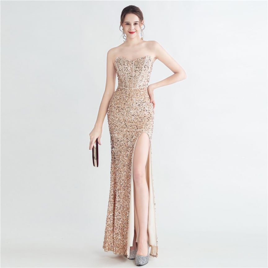Strapless Corset Sequins with High Slit (Gold) (Made To Order)
