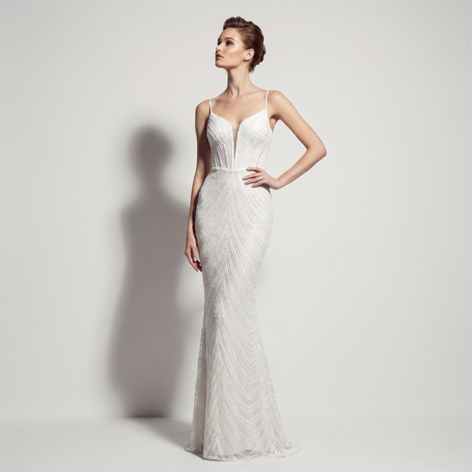 Deep V-Neck Sequin Evening Dress (White) (Made To Order)