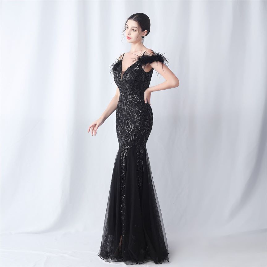 Cold Shoulder Feather Sequins Evening Gown (Black) (Made To Order)
