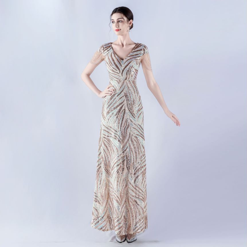 Sleeve Beads Sequins with A Line Evening Gown (Gold) (Made To Order)
