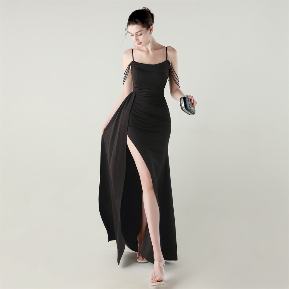 Crystal Beads Spaghetti Pleated Waist Evening Gown (Black) (Made To Order)