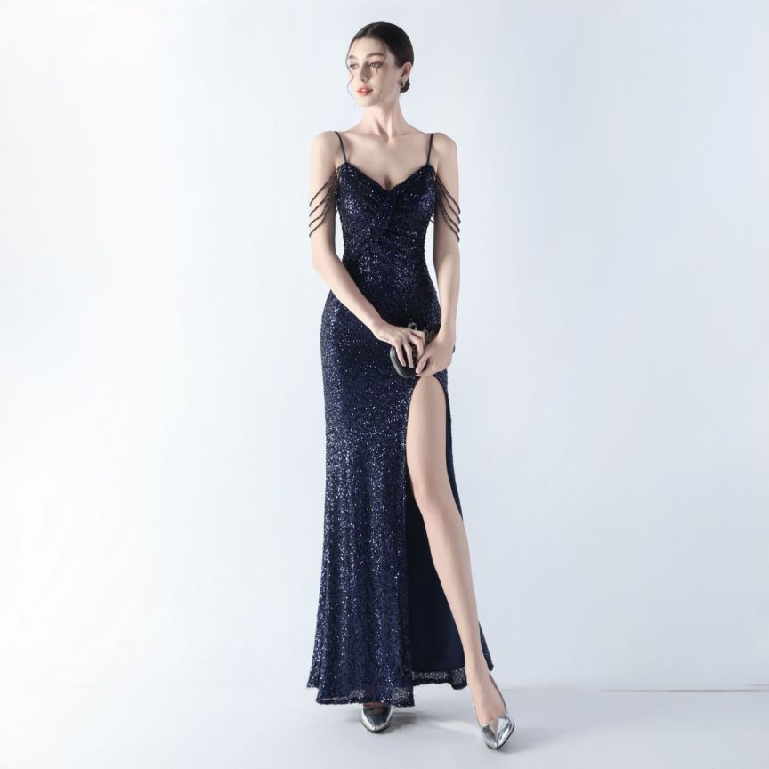 Spaghetti Padded Sequins Slit Gown (Navy Blue) (Made To Order)