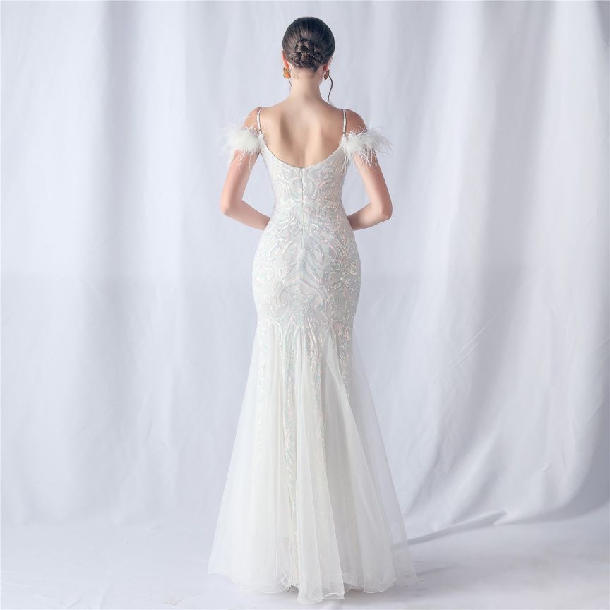 Cold Shoulder Feather Sequins Evening Gown (White) (Made To Order)