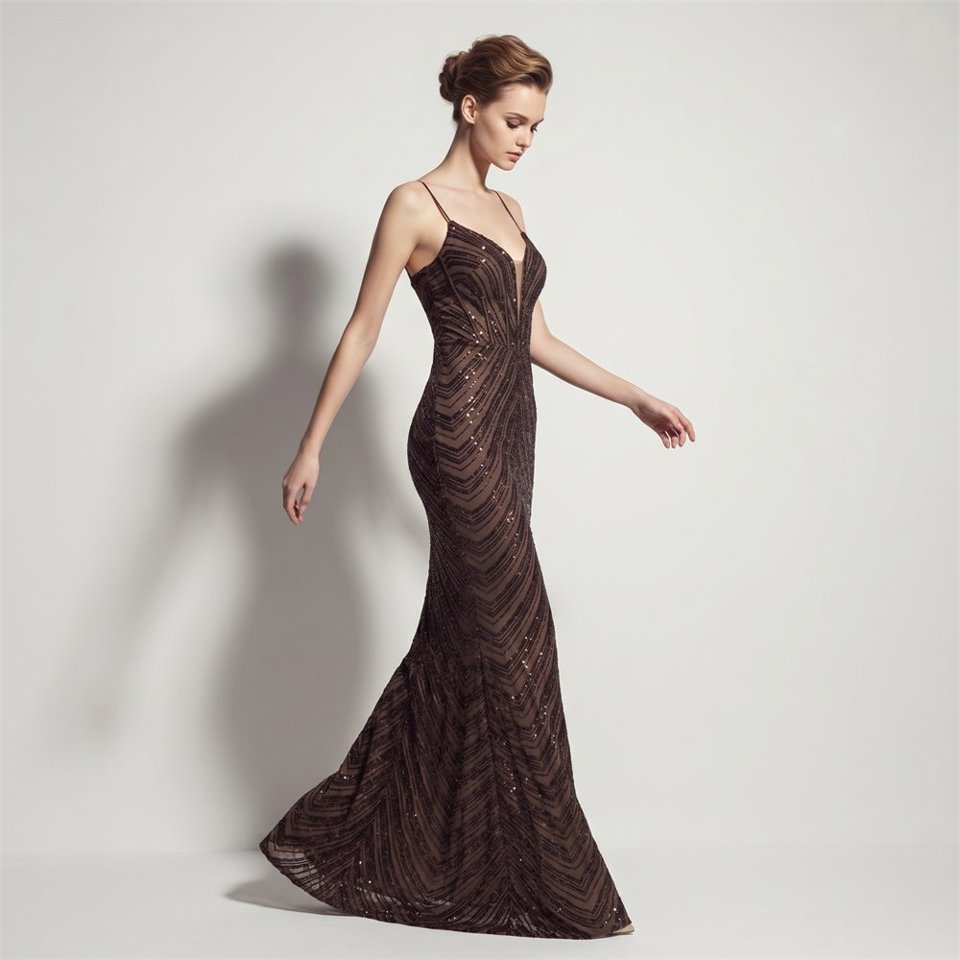 Deep V-Neck Sequin Evening Dress (Coffee) (Made To Order)