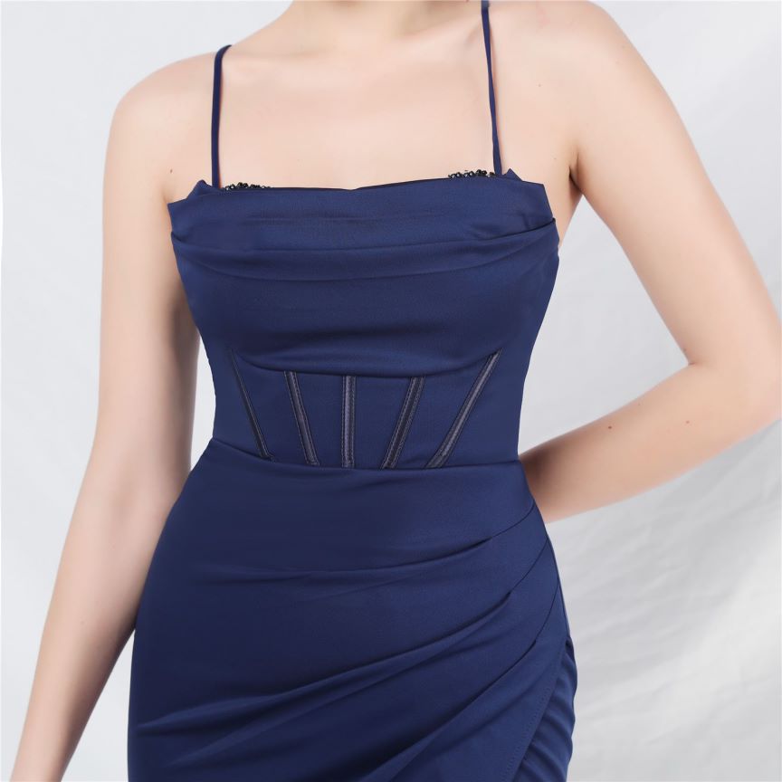 Spaghetti Back Cross Overlap Slit (Made To Order) (Navy Blue)