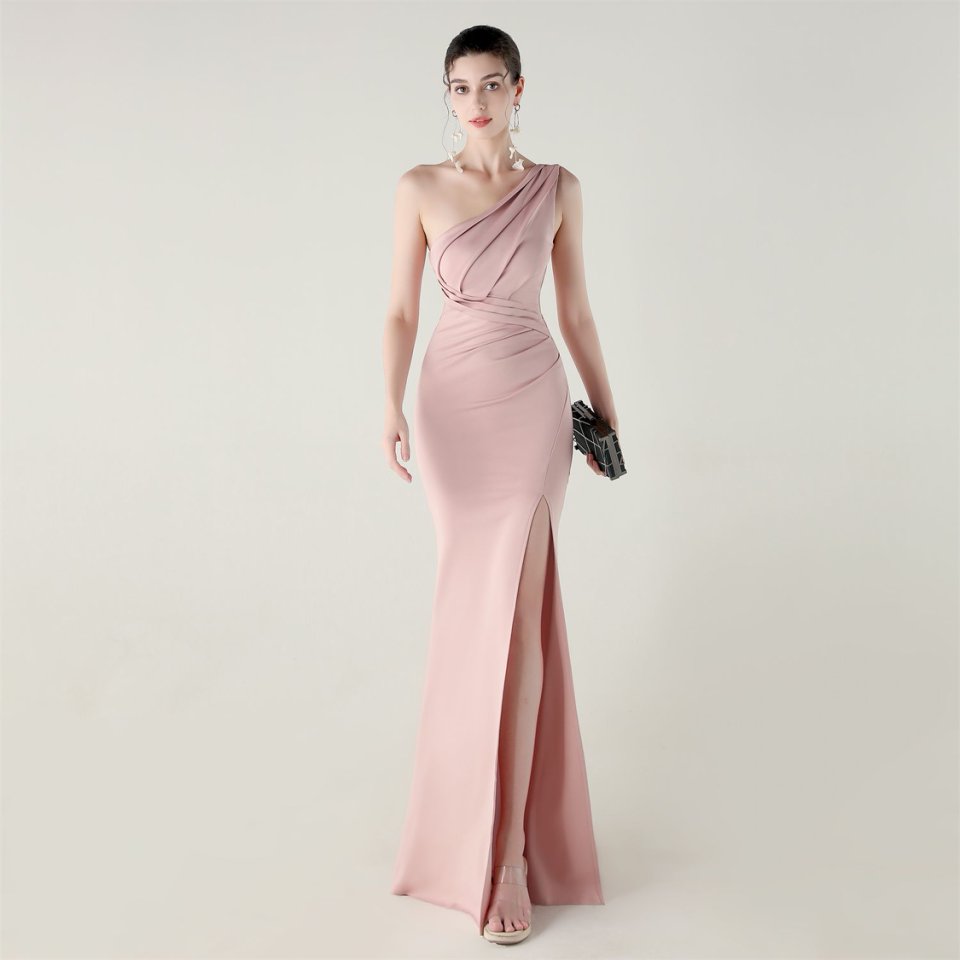 One Side Shoulder Pleated Evening Gown (Pink) (Made To Order)
