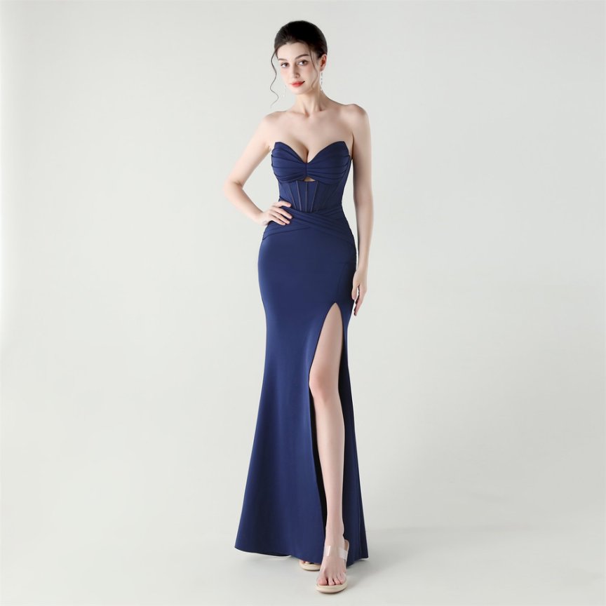 Strapless Pleated Corset Evening Gown (Navy Blue) (Made To Order)