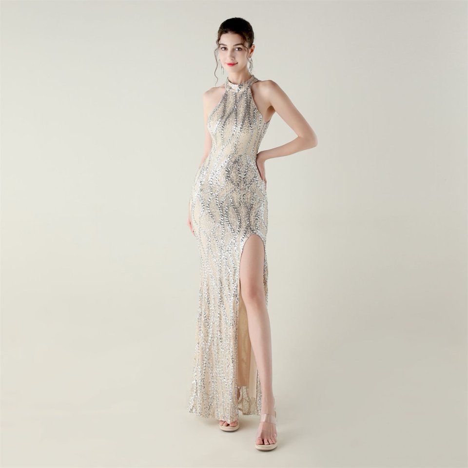 Halter Neck Sequins Backless Fitted Evening Gown (Silver) (Made To Order)