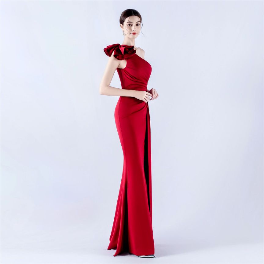 Gorgeous One Side Shoulder Evening Gown (Maroon) (Made To Order)