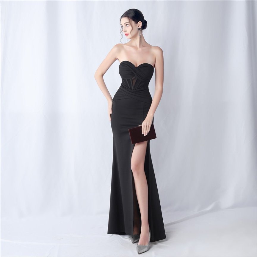 Strapless Solid Sexy Evening Gown (Black) (Made To Order)