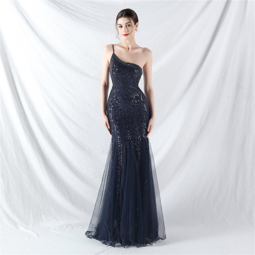Elegant One-Shoulder Black Sequin Evening Gown with Tulle Skirt (Navy Blue) (Retail)