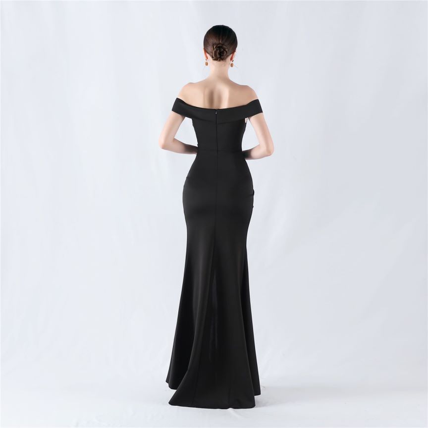 Pleated Off Shoulder Slim Evening Dress (Black) (Made To Order)