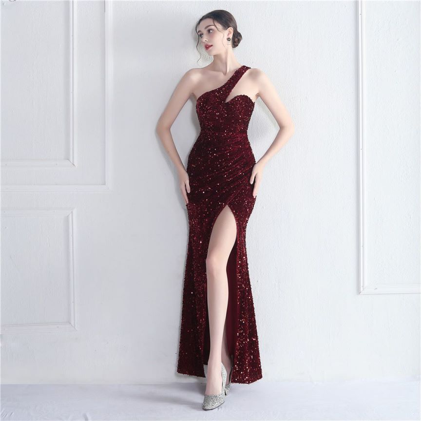 One Side Shoulder Sequins with Overlap Slit Evening Gowns (Burgundy) (Made To Order)