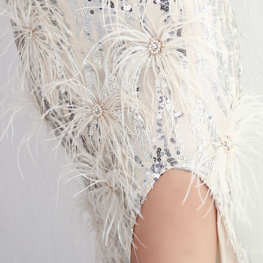 Spaghetti With Flower Feather Slit Sequins Gown (Silver) (Made To Order)