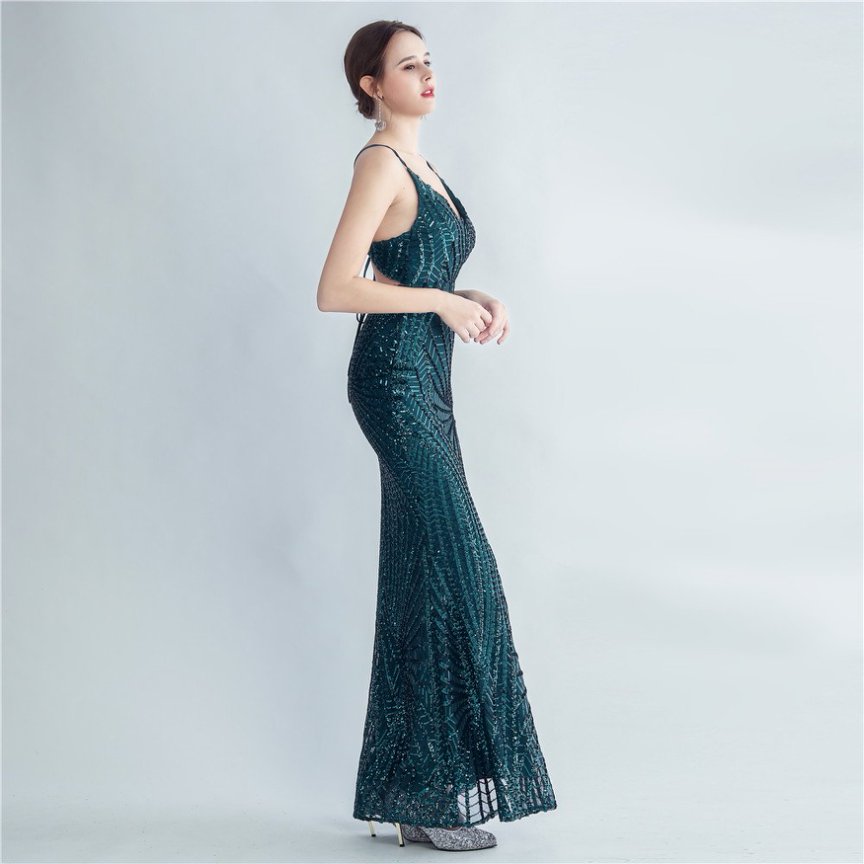 Spaghetti Back Tie Sequins Long Evening Gown (Green) (Made To Order)