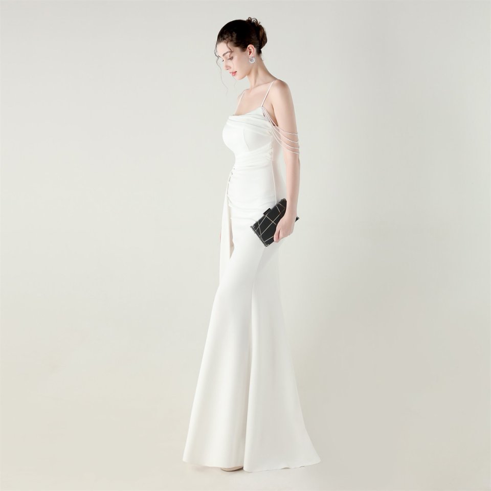 Crystal Beads Spaghetti Pleated Waist Evening Gown (White) (Make To Order)